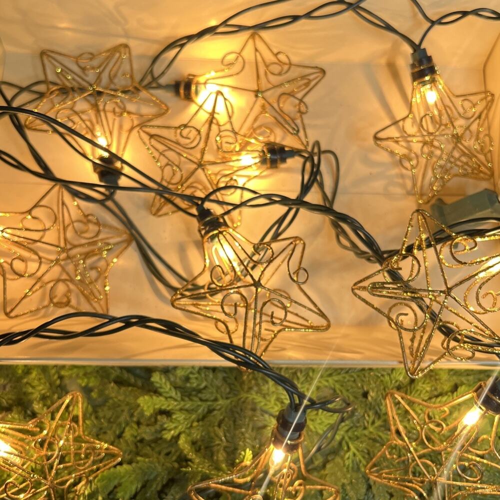 Vintage Pier 1 Metal Wire Gold Star String Lights Holiday Party Christmas